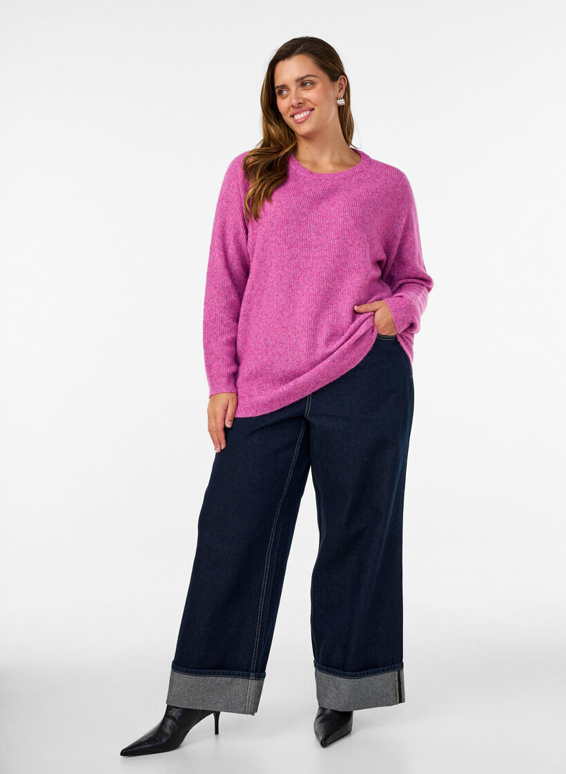 Melange knit blouse with round neck, Purple, Model image number 1