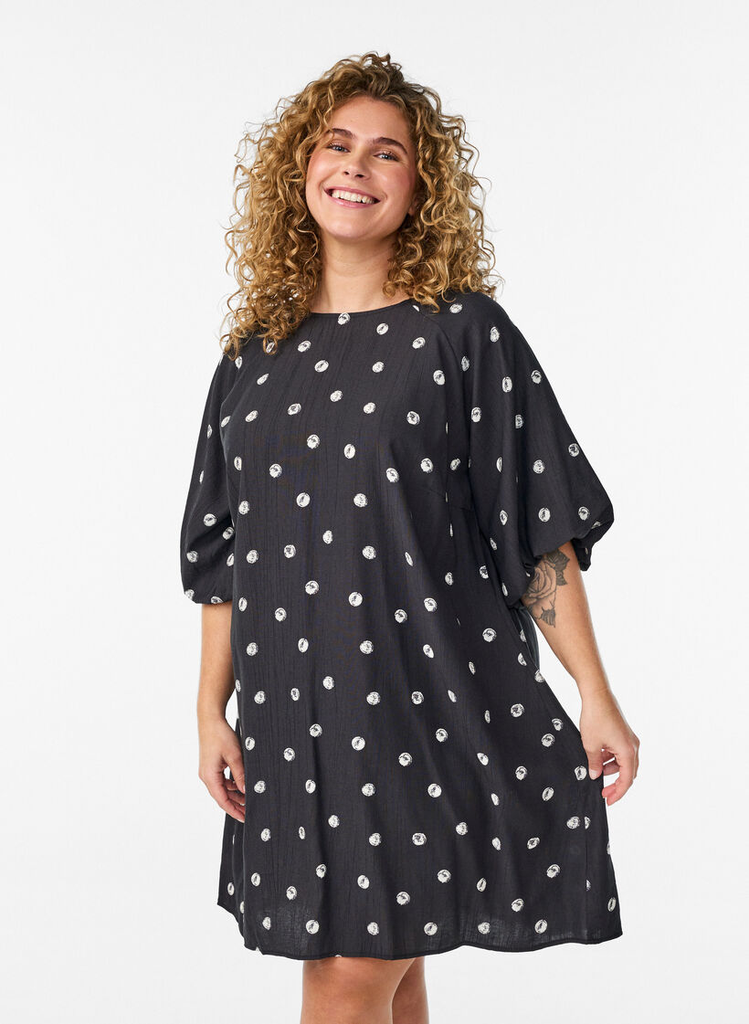 Short viscose dress with balloon sleeves, 9990, Model image number 0