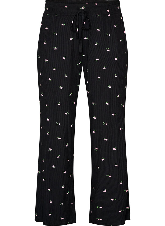Pyjama bottoms with ribbed texture and floral print, Black, Packshot image number 0