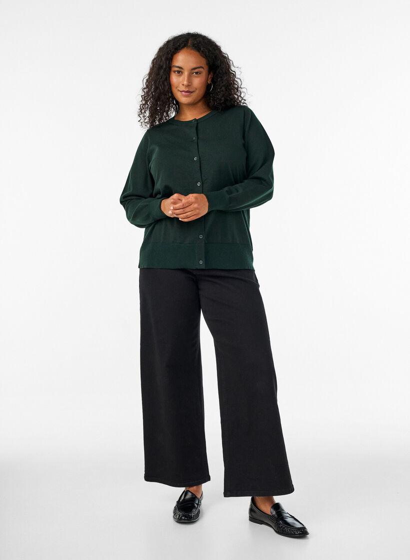 Fine-knit cardigan with a round neck, Green, Model image number 1