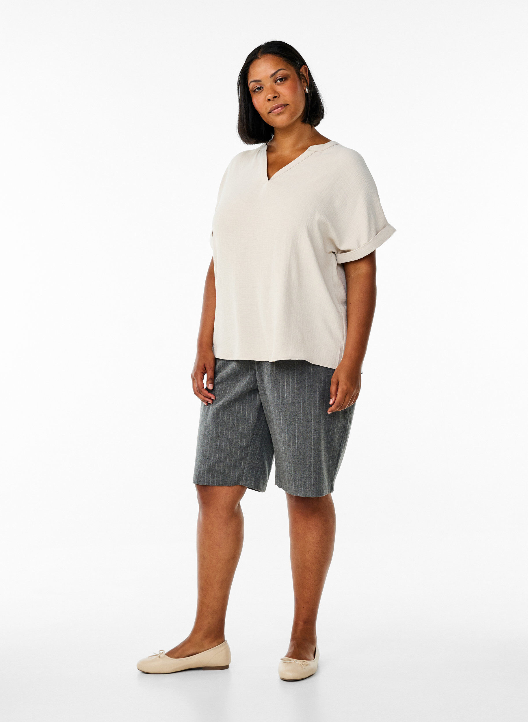 ZizzifashionLoose blouse with short sleeves, Beige, Model image number 1
