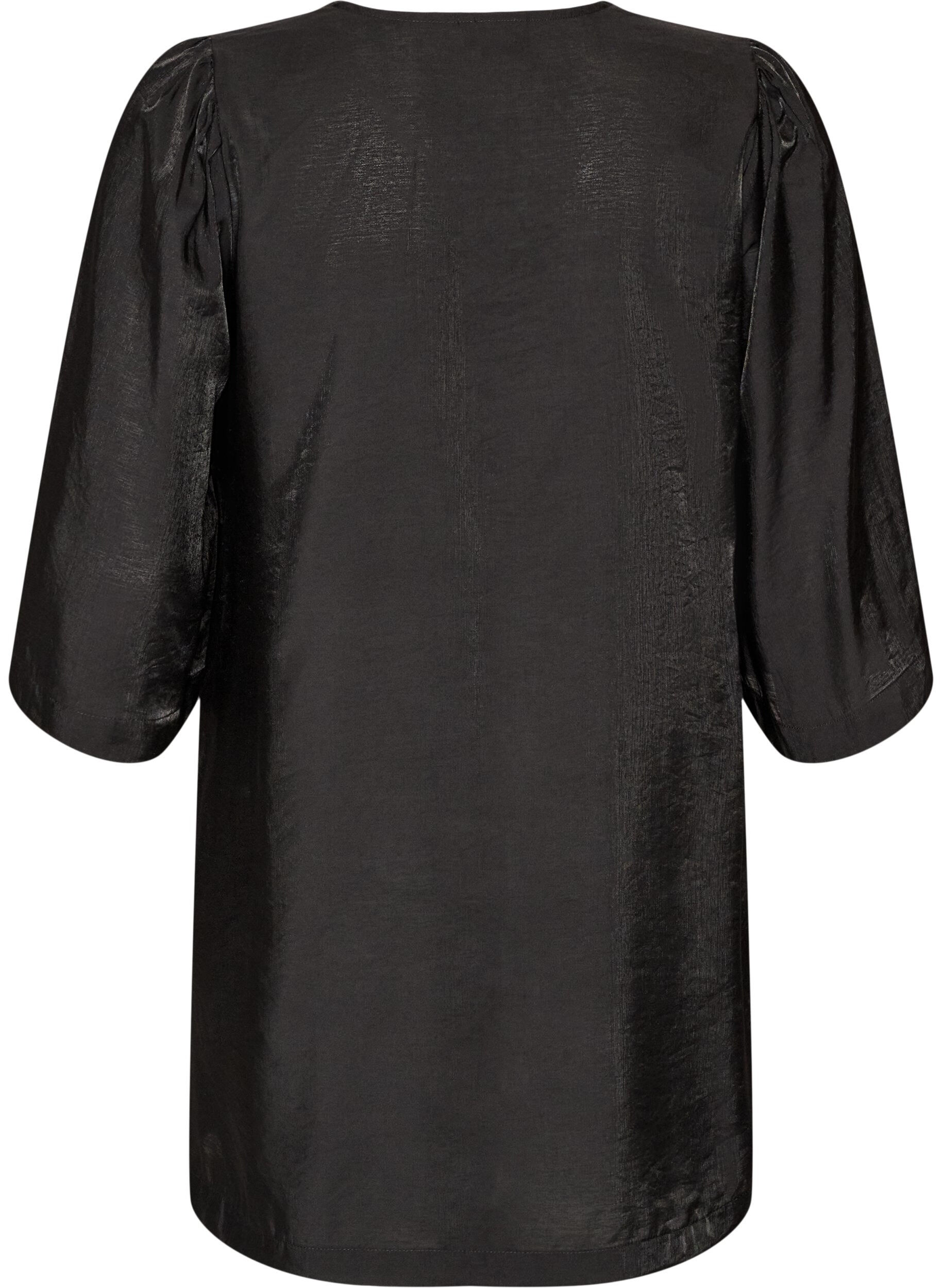 ZizzifashionShiny tunic with a V-neck and 3/4 sleeves, Black, Packshot image number 1