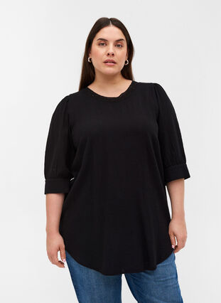 Tunic with 3/4-length sleeves and lace, Black, Model image number 0