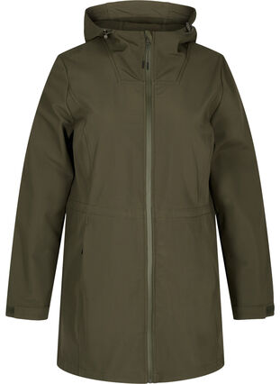 Hooded softshell jacket with adjustable waist, Forest Night, Packshot image number 0