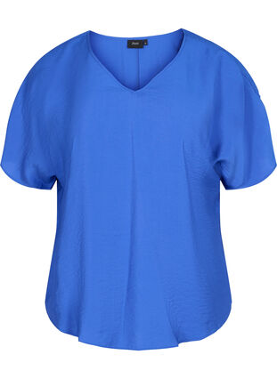 Short-sleeved viscose blouse with v-neck, Dazzling Blue, Packshot image number 0