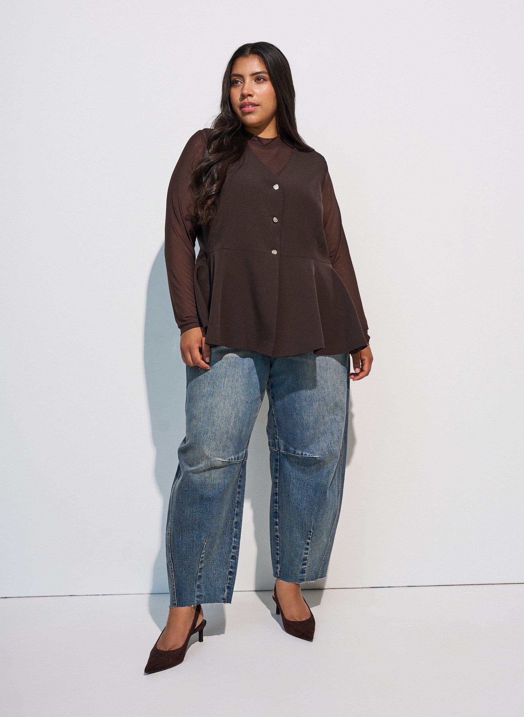 ZizzifashionFitted mesh blouse with long sleeves, Brown, Model image number 1