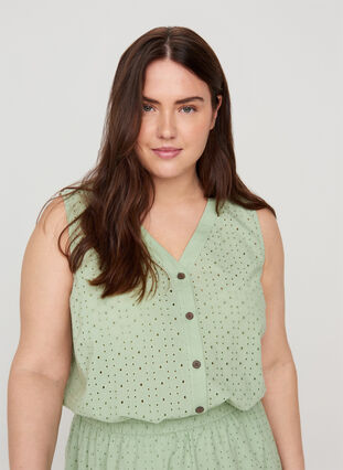 Sleeveless shirt with broderie anglaise, Silt Green, Model image number 2
