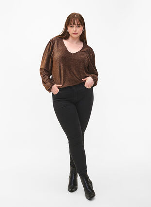 Glitter blouse with puff sleeves, Black Copper, Model image number 2