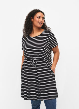 Striped tunic in cotton with short sleeves, Black Stripe, Model image number 0