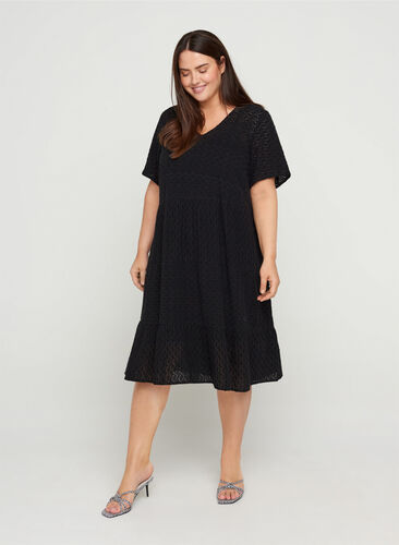 Short-sleeved dress with broderie anglaise, Black, Model image number 0