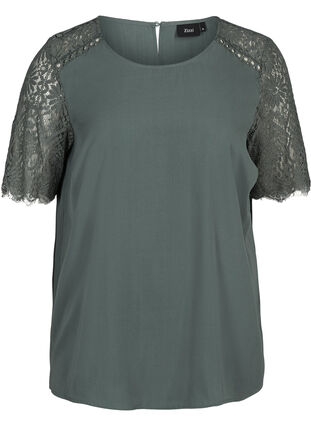 Blouse with short lace sleeves, Balsam Green, Packshot image number 0