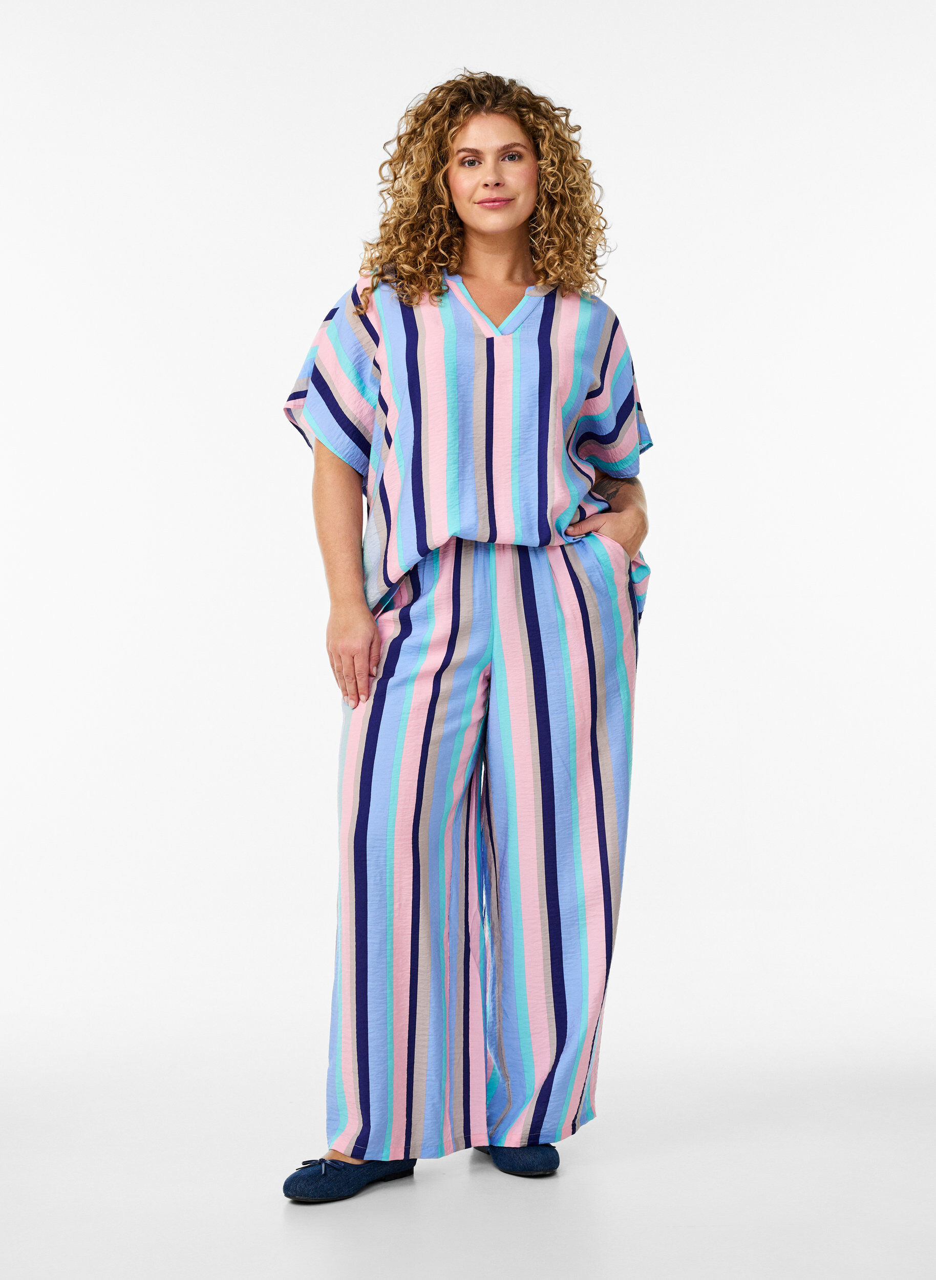 Zizzifashion Striped viscose blouse with short sleeves, Blue, Model image number 1