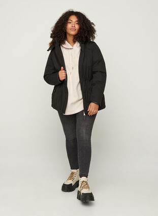 Short winter coat with a hood and faux fur trim, Black, Model image number 4