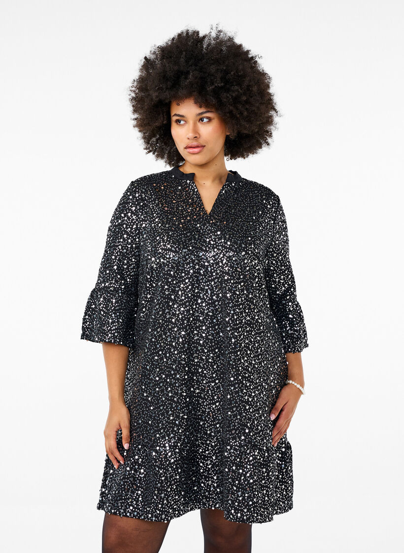 Sequin dress with a V-neck and 3/4 sleeves, Black w. Sequins, Model image number 0