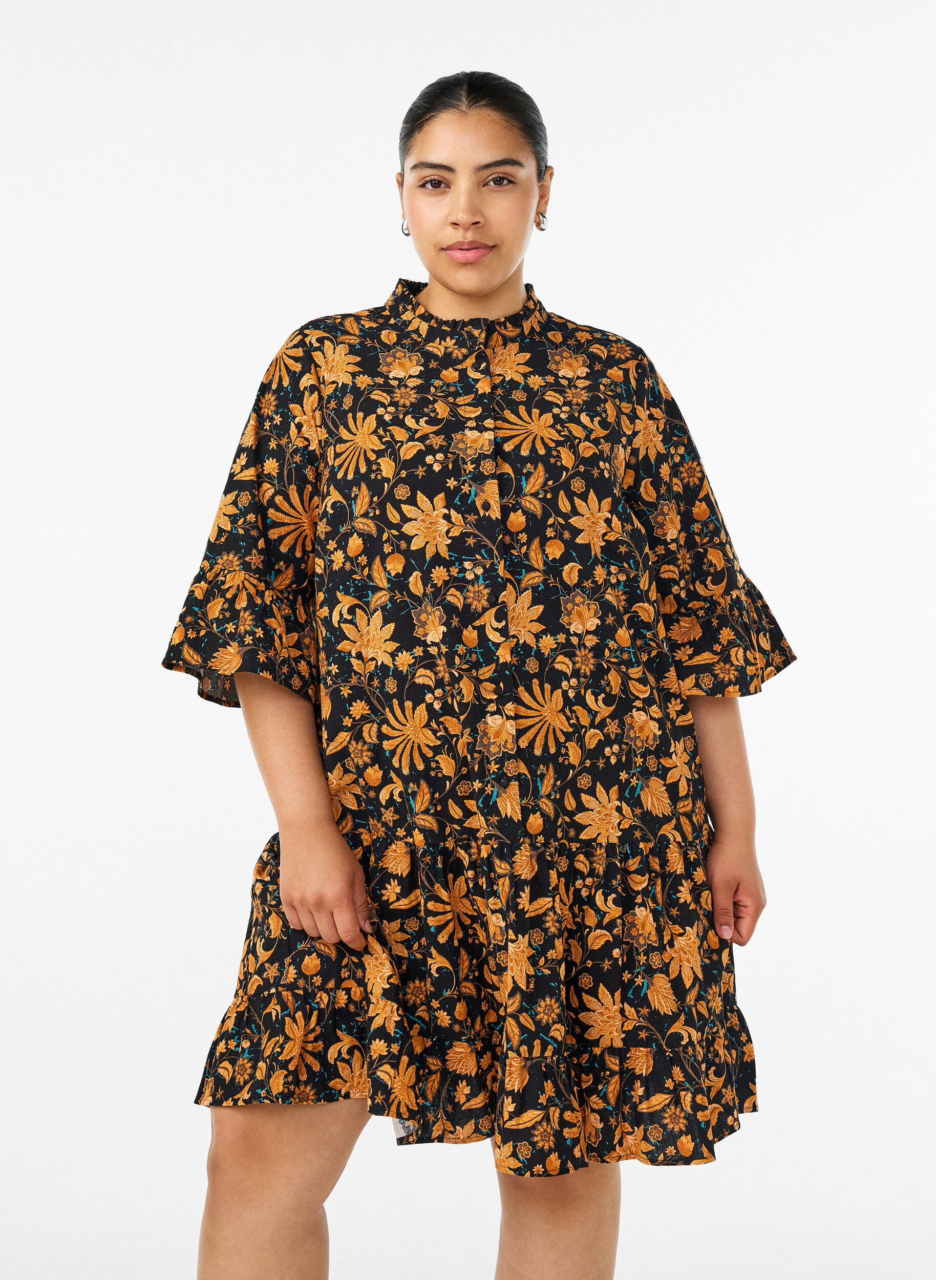 Zizzifashion Floral cotton dress with ruffle details and a loose A-line shape, Orange, Model image number 0