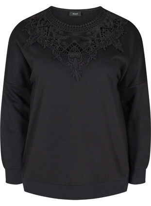 Solid-coloured sweatshirt with lace detailing, Black, Packshot image number 0