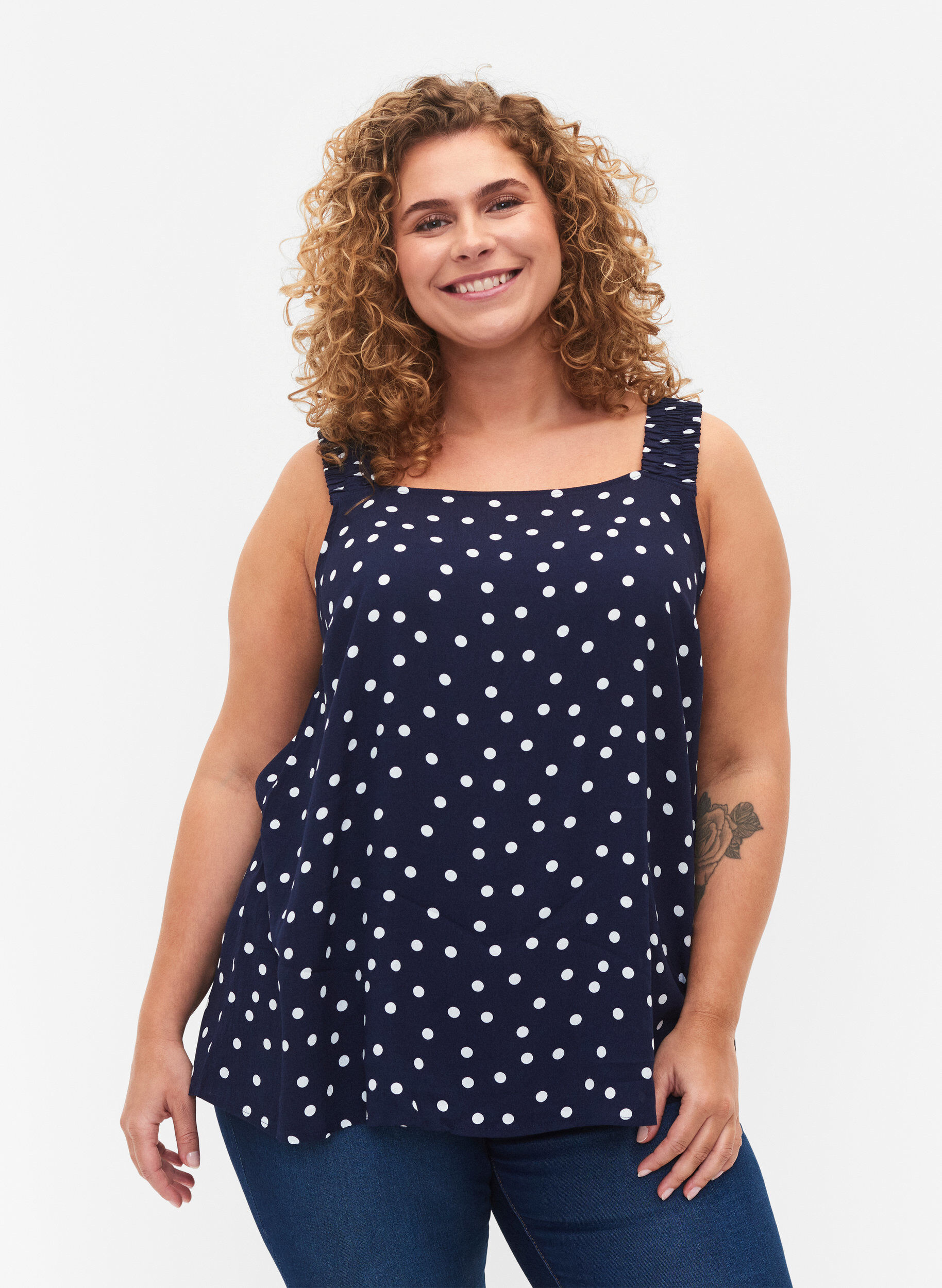 Zizzifashion 	 Printed viscose top with a-shape, Peacoat Dot, Model image number 0