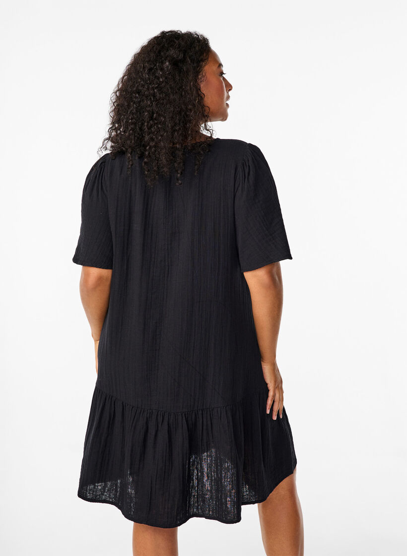Cotton short-sleeved dress with a-line cut, Black, Model image number 2