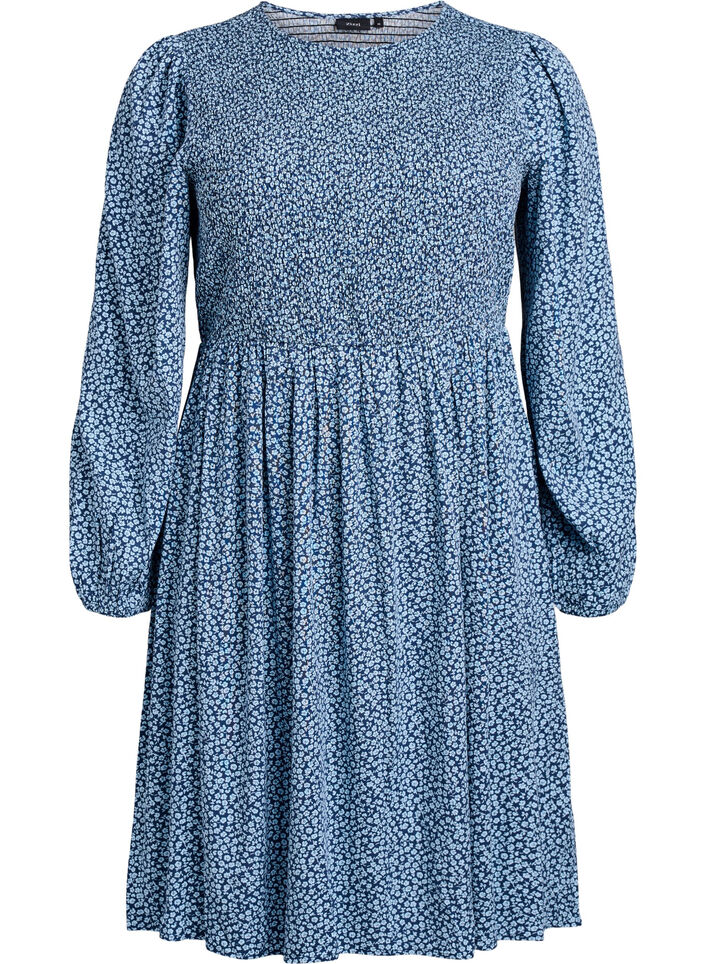 Dress with a smocked top and ditsy floral pattern, Blue, Packshot image number 0