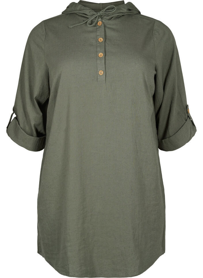 Hooded tunic in cotton and linen, Thyme, Packshot image number 0