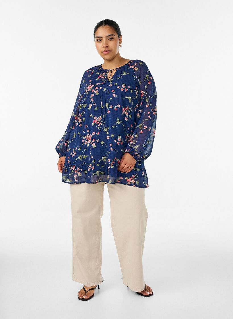 Floral print A-line tunic, Blue, Model image number 1
