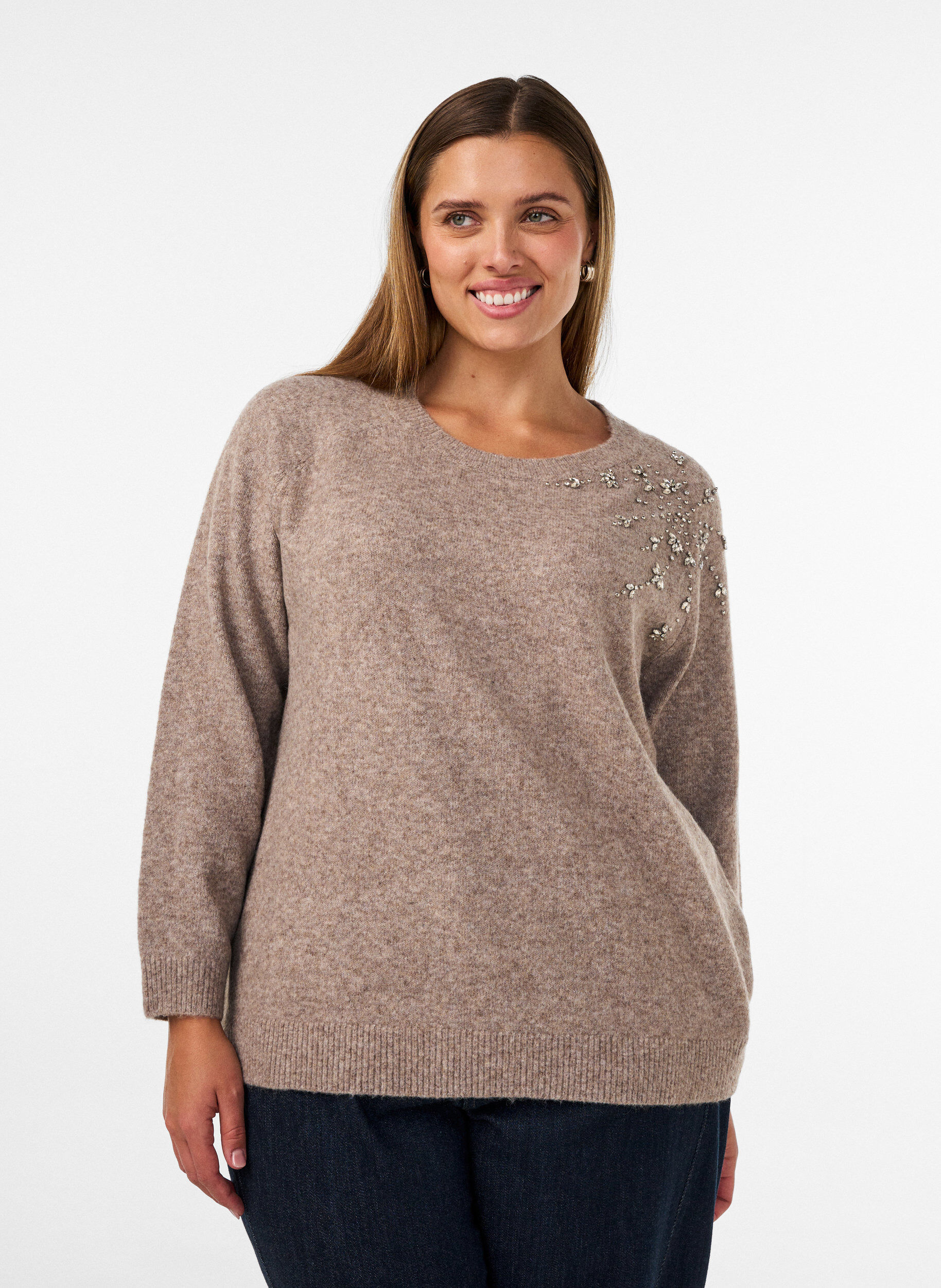 Knitted blouse with rhinestones and studs, Beige, Model
