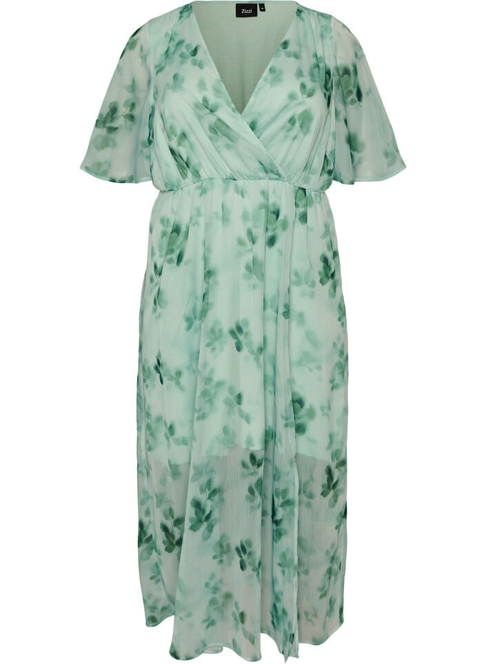 Long chiffon dress with floral print and short sleeves, Green, Packshot