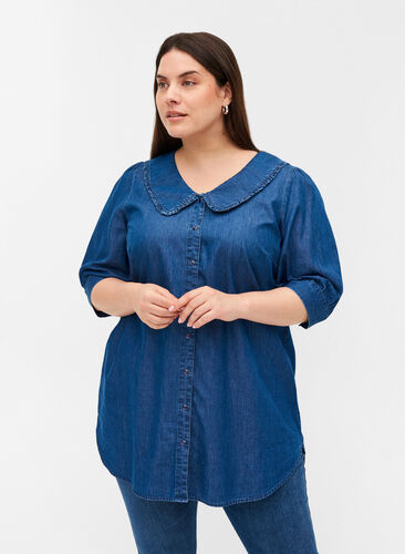 Denim tunic with a collar and button fastening, Blue denim ASS, Model image number 0