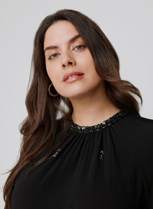 Long-sleeved dress with pearls and smocking, Black, Model image number 2