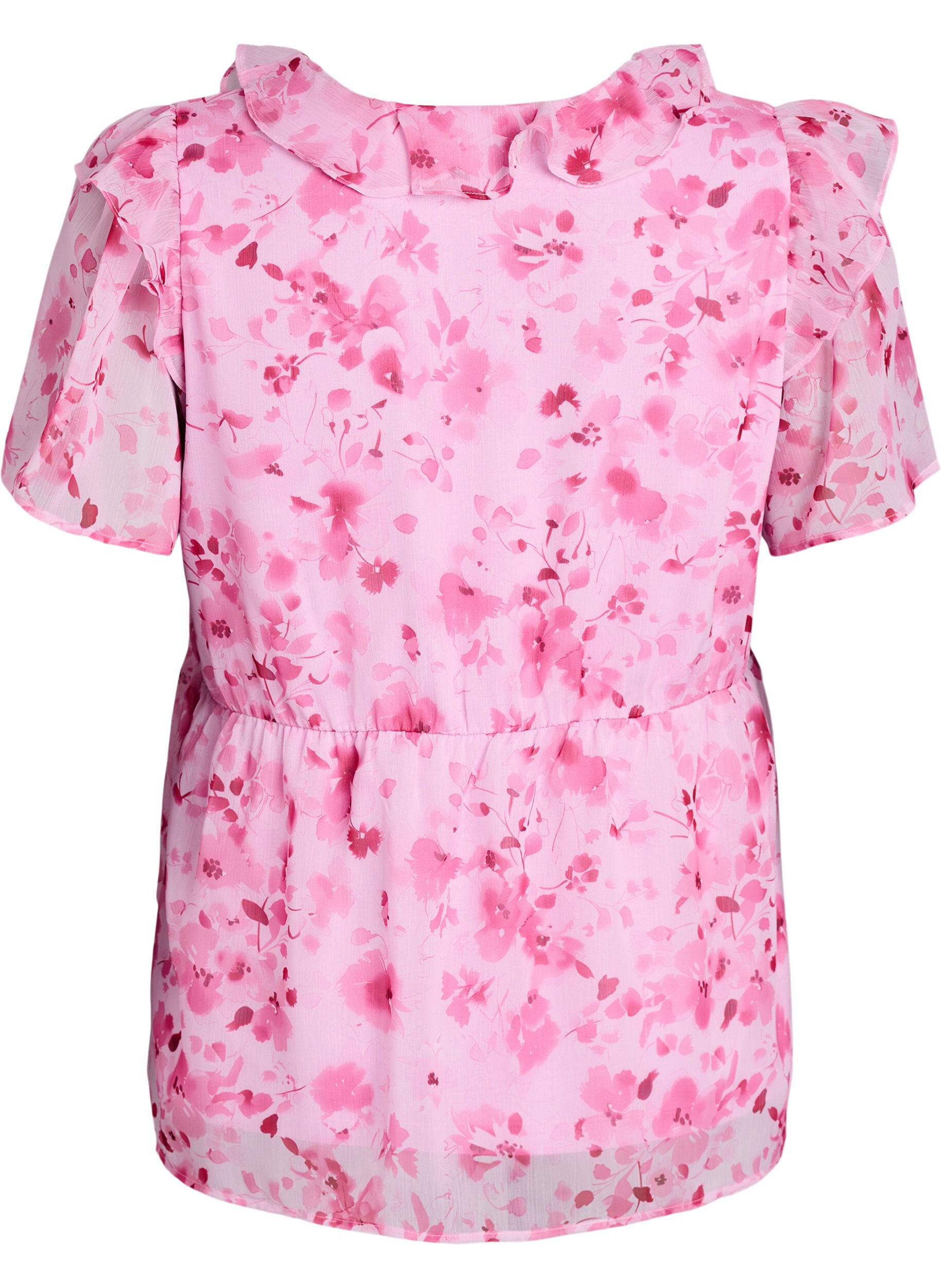 Zizzifashion Floral blouse with a frill collar and peplum effect, Pink, Packshot image number 1