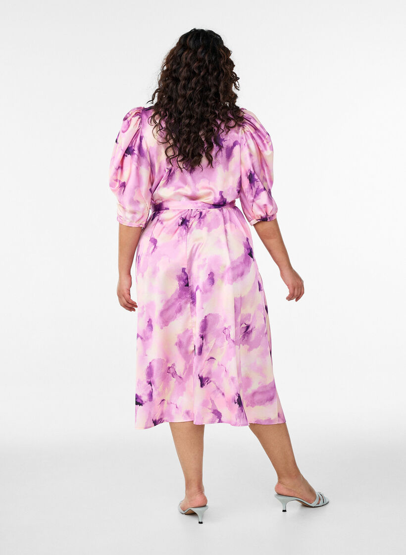 Short-sleeved party dress with tie-belt, Purple, Model image number 1