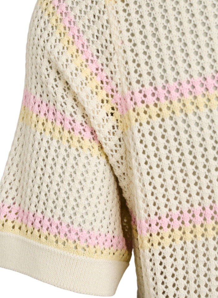 Knitted polo with eyelet embroidery and stripes, White, Packshot image number 3