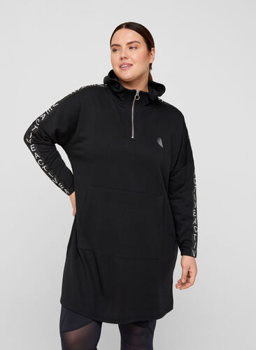 Sweater dress with hood and large pocket, Black, Model image number 0