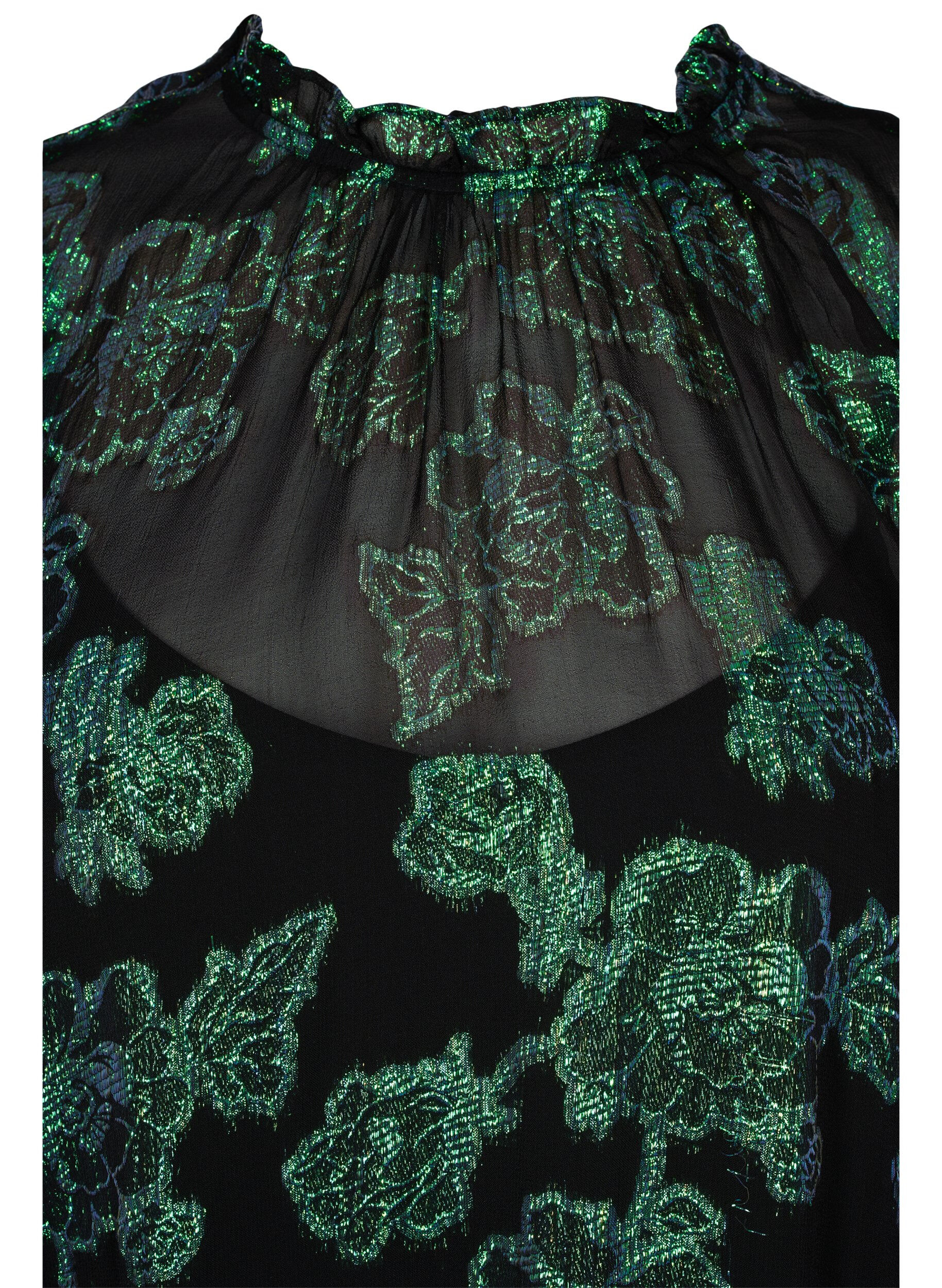 Zizzifashion Floral viscose dress with lurex structure, Black w. Green Lurex, Packshot image number 2