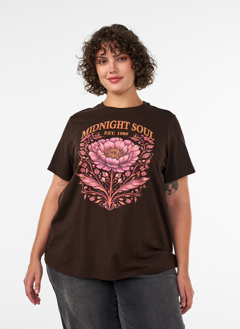 Organic cotton T-shirt with front print, Brown, Model image number 0