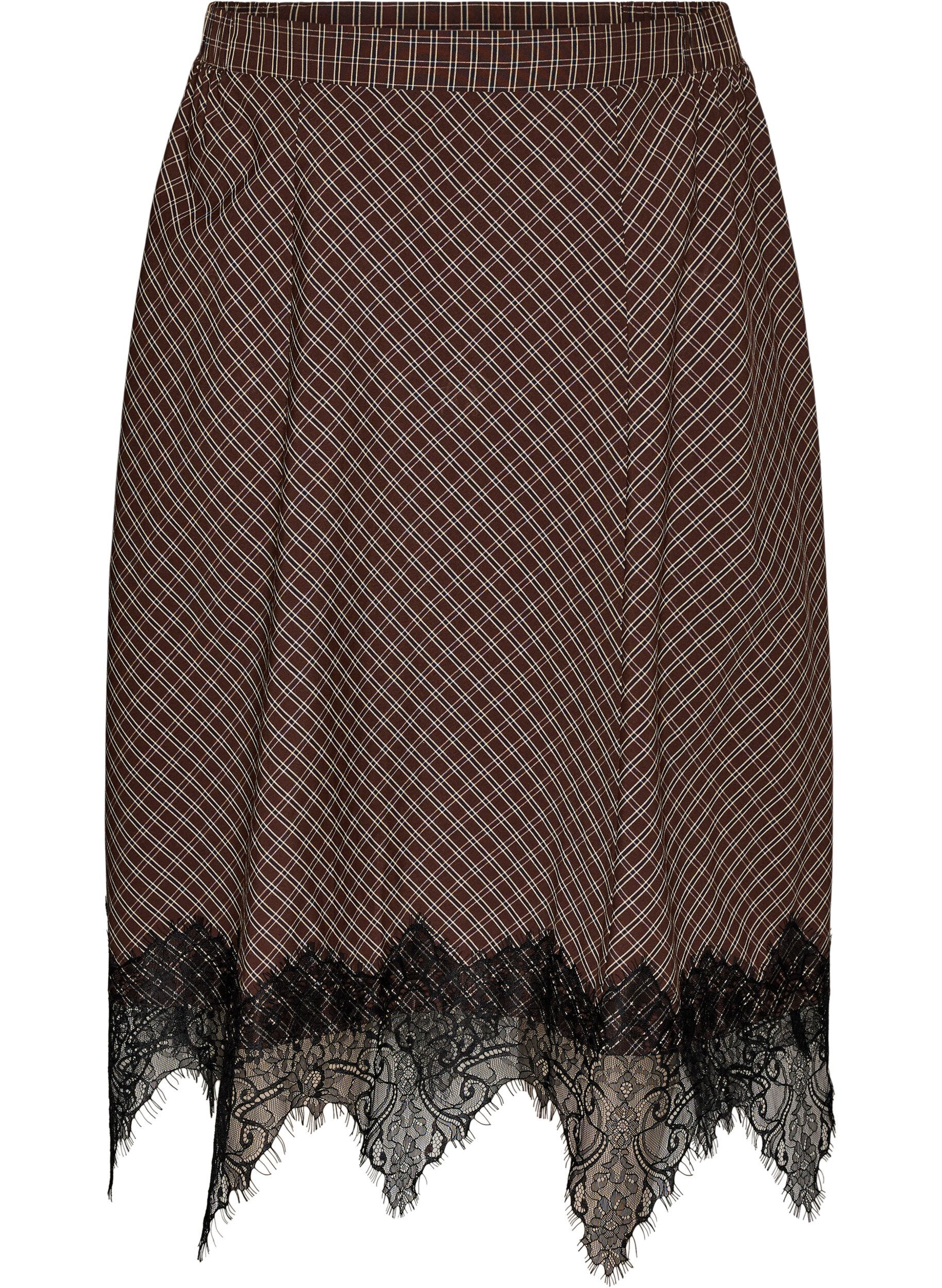 ZizzifashionMidi skirt with lace trim and check pattern, Brown, Packshot image number 0