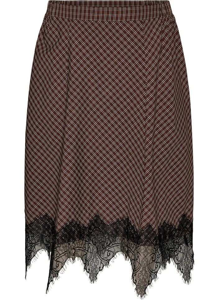 Midi skirt with lace trim and check pattern, Brown, Packshot image number 0
