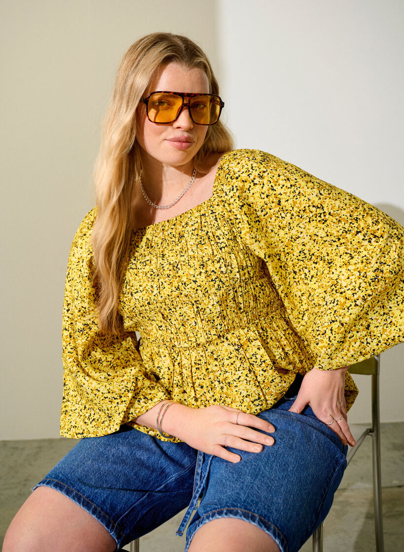 Blouse with smock and square neckline, Yellow, Image image number 0