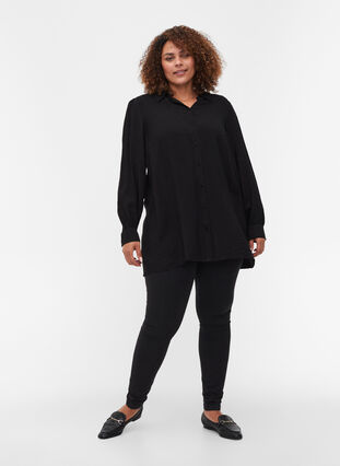 Long, solid-coloured, viscose blend shirt, Black, Model image number 2
