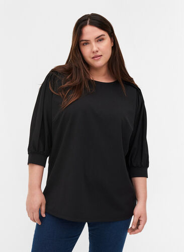 Blouse with 3/4 sleeves and pleated folds, Black, Model image number 0