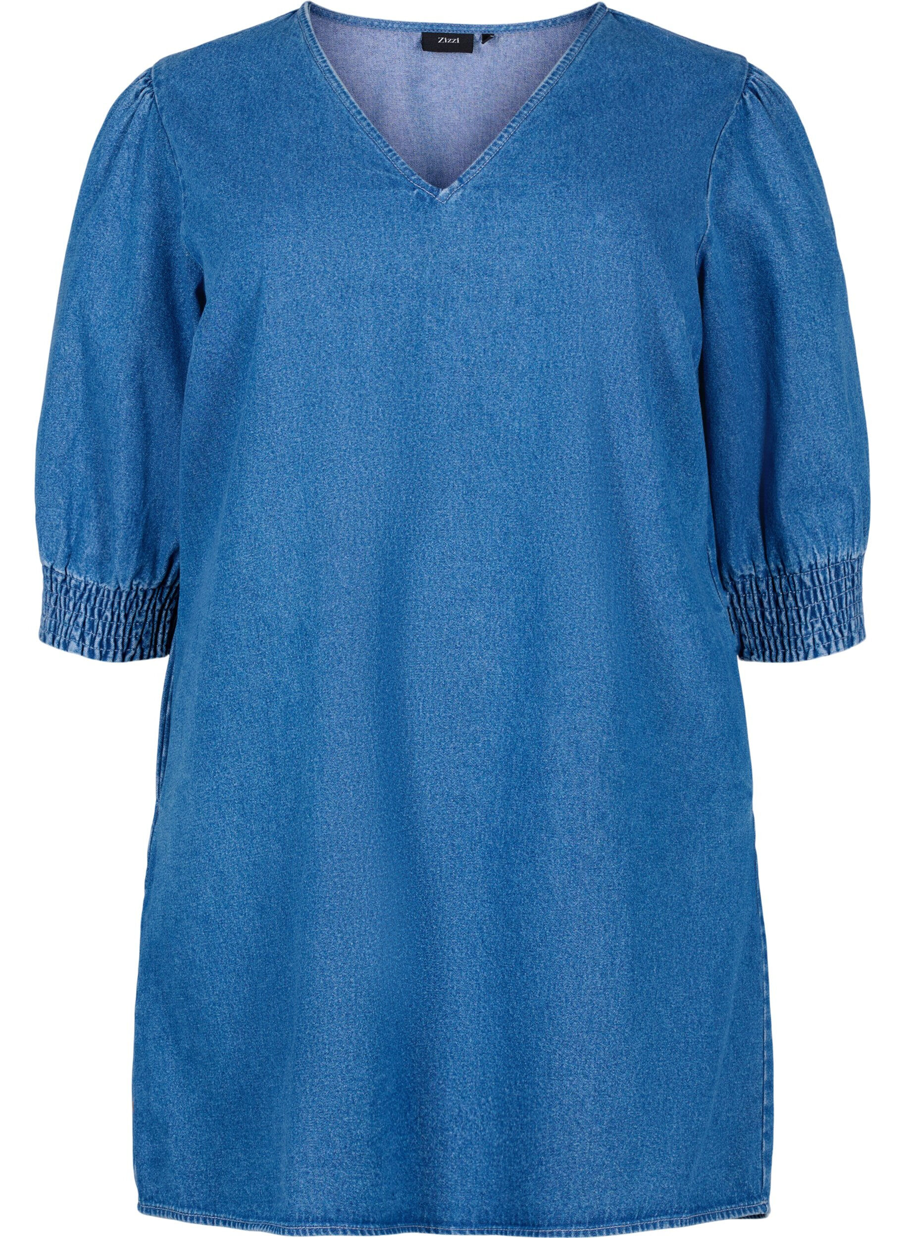 Zizzifashion Tunic in denim with v neck, Medium Blue Denim, Packshot image number 0