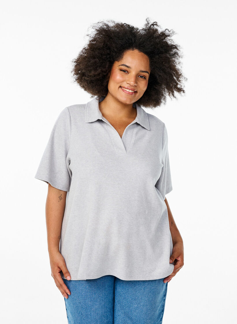 Jersey blouse with collar and short sleeves, Grey, Model image number 0