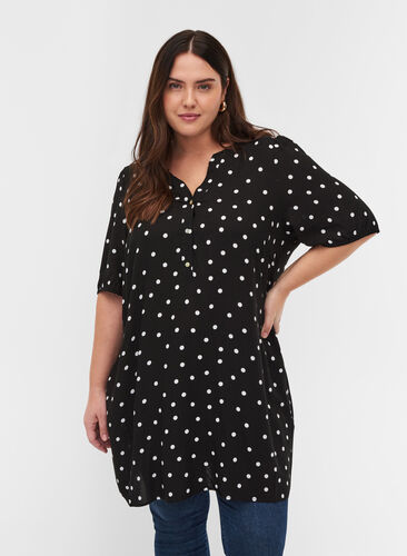 Short-sleeved viscose tunic with dots, Black Dot, Model image number 0