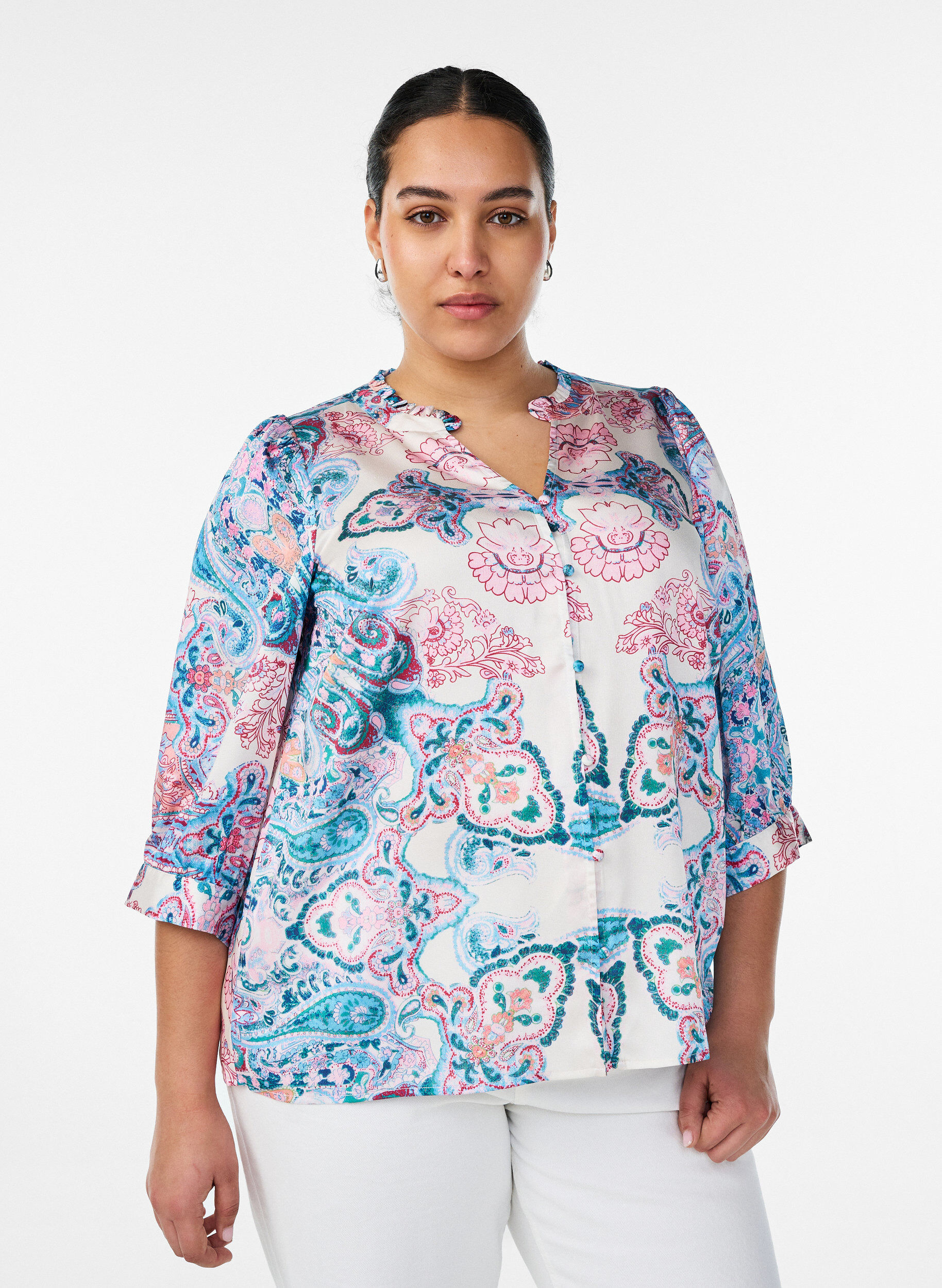 Zizzifashion Satin-look blouse with a paisley print and 3/4 sleeves, Blue, Model image number 0
