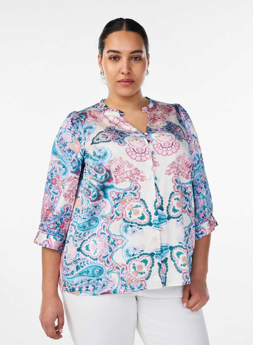 Satin-look blouse with a paisley print and 3/4 sleeves, Blue, Model image number 0