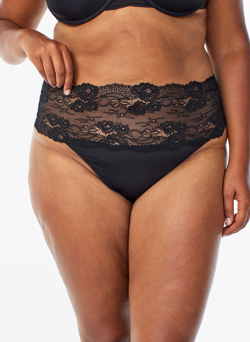 2-pack thong with wide lace edge, Black, Model image number 2