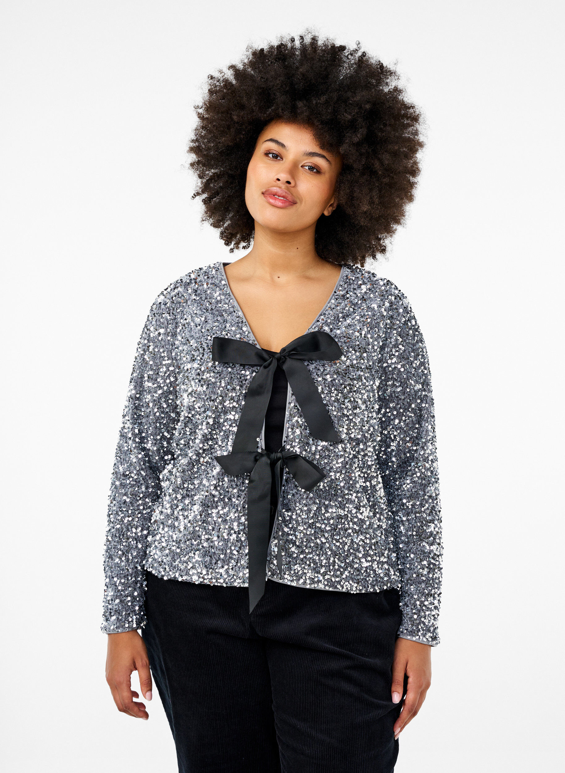 Zizzifashion Sequin blouse with tie details, Silver, Model image number 0