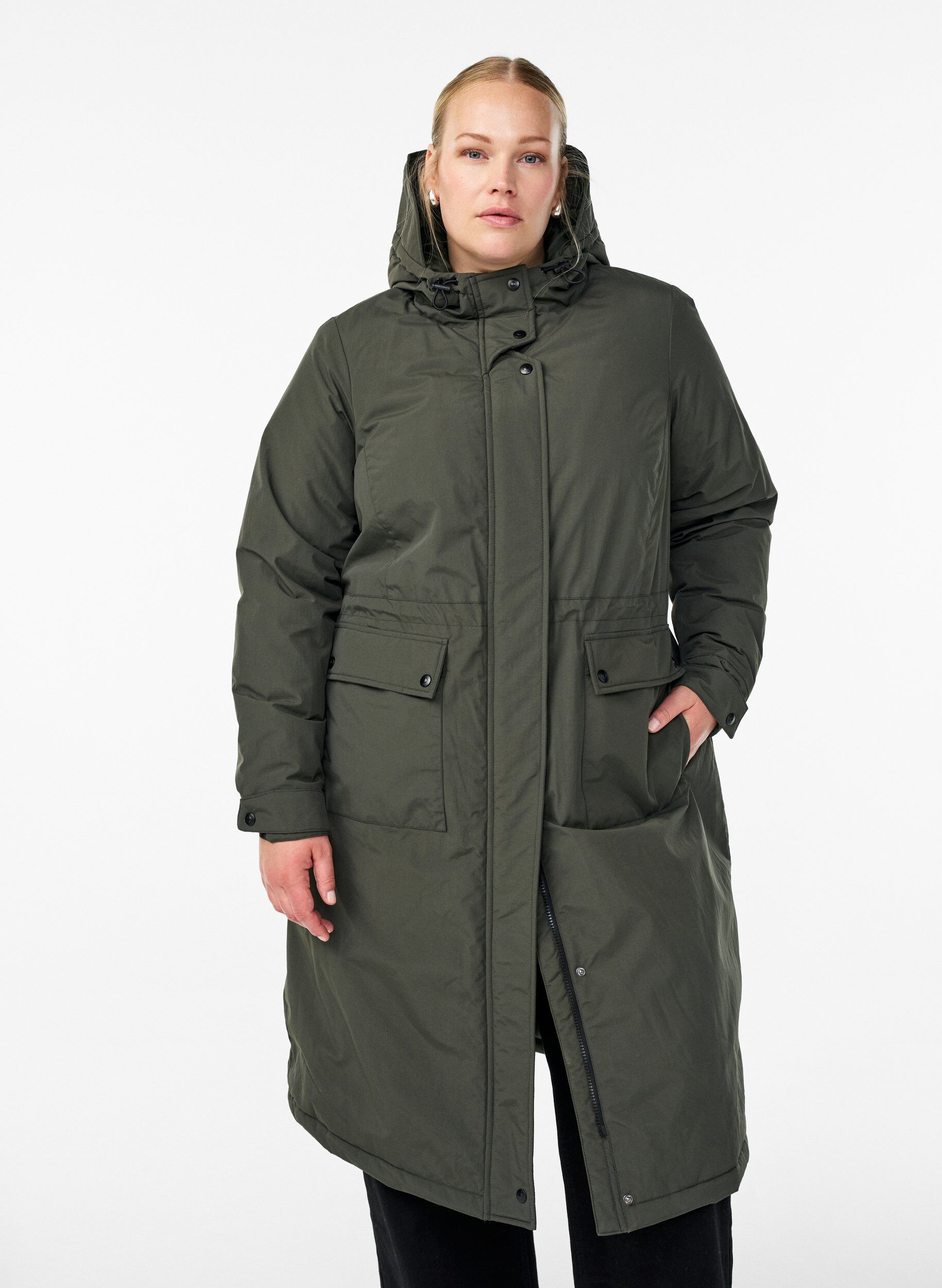 Parka with hood and adjustable waist, Green, Model