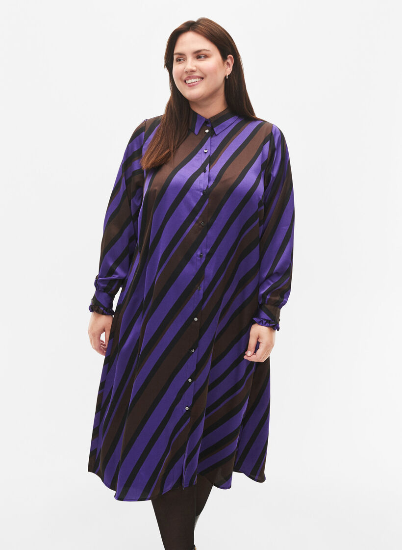 Satin shirt dress with diagonal stripes, Stripe AOP, Model image number 2