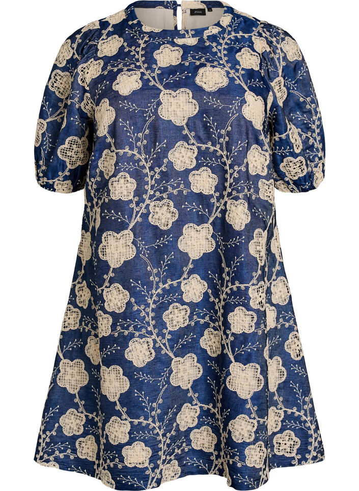 Short A-line dress with an embroidered pattern, Blue, Packshot image number 0